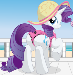 Size: 7596x7833 | Tagged: safe, artist:xniclord789x, rarity, pony, unicorn, g4, absurd resolution, beach, bikini, butt, clothes, cropped, female, hat, looking back, mare, plot, rear view, rearity, solo, swimsuit