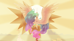 Size: 1500x833 | Tagged: safe, artist:dementra369, princess celestia, alicorn, pony, g4, belly, cloven hooves, ethereal mane, ethereal tail, fit, flying, horn, impossibly large wings, large wings, leonine tail, long horn, long mane, long tail, looking at you, muscles, raising the sun, slender, solo, spread wings, starry mane, starry tail, sternocleidomastoid, summer sun celebration, tail, thin, wings