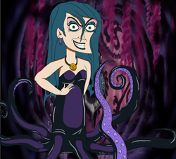 Size: 1832x1667 | Tagged: safe, artist:ocean lover, queen chrysalis, cecaelia, human, g4, disney, disney style, disney villains, ear piercing, earring, elf ears, evil, evil lair, evil smile, eyeshadow, female, grin, hand on chest, human coloration, humanized, jewelry, lair, long hair, looking at you, makeup, necklace, piercing, scary, sharp teeth, shell, smiling, solo, species swap, teeth, tentacles, the little mermaid, ugly, underwater, ursula, water