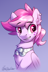 Size: 2000x3000 | Tagged: safe, artist:jedayskayvoker, oc, oc only, oc:higher love, pegasus, pony, bust, chest fluff, colored, colored sketch, commission, cute, ear fluff, ear piercing, freckles, full color, girly, gradient background, high res, icon, jewelry, male, piercing, ponytail, portrait, sketch, solo, stallion