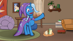 Size: 1280x720 | Tagged: safe, artist:parronist, trixie, pony, unicorn, g5, my little pony: a new generation, beans, behaving like izzy moonbow, can, female, food, izzy's beans, mare, solo, ta-da!