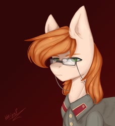 Size: 1974x2160 | Tagged: safe, artist:tttips!, oc, oc only, oc:vasily pantsushenko, equestria at war mod, clothes, communism, glasses, gorget patches, green eyes, hammer and horseshoe, male, red hair, simple background, solo, stallion, stalliongrad, uniform