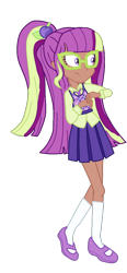 Size: 506x1095 | Tagged: safe, artist:vernorexia, part of a set, sci-twi, twilight sparkle, human, equestria girls, g4, crossover, female, glasses, green hair, nerd, nervous, part of a series, plum pudding, purple hair, simple background, solo, strawberry shortcake, transparent background