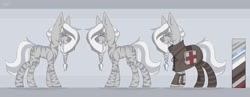 Size: 2560x995 | Tagged: safe, artist:tttips!, oc, oc only, oc:peach, zebra, ashes town, blue eyes, cape, clothes, female, mare, medical kit, palette, patch, reference sheet, simple background, solo, stockings, thigh highs, zebra oc