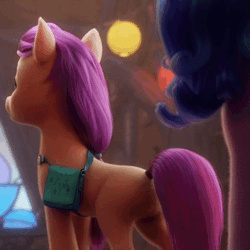 Size: 480x480 | Tagged: safe, screencap, sunny starscout, earth pony, pony, unicorn, g5, my little pony: a new generation, spoiler:my little pony: a new generation, animated, butt, cropped, crystal tea room, female, floppy ears, gif, i watch it for the ears, mare, plot, solo focus