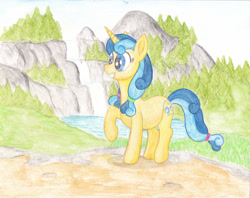 Size: 2808x2228 | Tagged: safe, artist:malte279, artist:prismapony, oc, oc only, oc:asteria, pony, unicorn, female, high res, mare, mascot, mountain, scenery, solo, traditional art, water, watercolor painting, waterfall