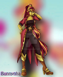 Size: 808x989 | Tagged: safe, artist:bunnynha, sunset shimmer, human, equestria girls, g4, my little pony equestria girls: legend of everfree, boots, crystal guardian, deviantart watermark, high heel boots, obtrusive watermark, ponied up, shoes, solo, watermark