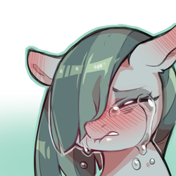 Size: 1159x1159 | Tagged: safe, artist:cold-blooded-twilight, part of a set, marble pie, earth pony, pony, g4, blushing, bust, crying, eyes closed, female, floppy ears, frown, gradient background, hair over one eye, lip bite, mare, simple background, solo, teeth, transparent background