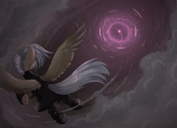 Size: 2560x1848 | Tagged: safe, artist:tttips!, oc, oc only, oc:willow, pegasus, pony, fallout equestria, action pose, belt, clothes, cloud, female, flying, force field, magic, mare, pegasus oc, rear view, spread wings, uniform, white hair, wings