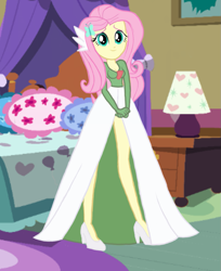 Size: 909x1114 | Tagged: safe, artist:sapphire, fluttershy, gardevoir, human, equestria girls, g4, bedroom, clothes, cosplay, costume, dress, female, high heels, long legs, looking at you, pokémon, shoes, smiling, solo