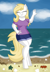Size: 700x1000 | Tagged: safe, artist:friedrich911, oc, oc only, oc:susanne, crab, earth pony, turtle, anthro, unguligrade anthro, anthro oc, beach, clothes, eyes closed, female, ocean, shirt, shorts, solo, summer, t-shirt, water