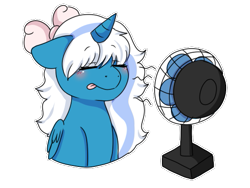 Size: 545x410 | Tagged: safe, artist:cute-little-star97, oc, oc only, oc:fleurbelle, alicorn, pony, alicorn oc, blushing, bow, breeze, electric fan, eyebrows, eyebrows visible through hair, eyes closed, female, floppy ears, folded wings, hair bow, horn, mare, outline, panting, simple background, solo, tongue out, transparent background, white outline, wings