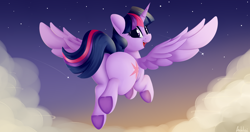 Size: 4096x2160 | Tagged: safe, artist:andelai, twilight sparkle, alicorn, pony, g4, butt, chubby, cloud, female, flying, happy, looking back, open mouth, open smile, plot, sky, smiling, solo, stars, twibutt, twilight sparkle (alicorn), underhoof, wings