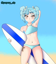 Size: 2307x2661 | Tagged: safe, artist:papery xlp, cozy glow, human, g4, arm behind head, armpits, belly button, bikini, clothes, cutie mark on human, female, high res, humanized, looking at you, solo, surfboard, swimsuit
