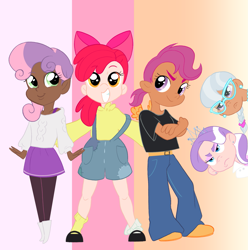 Size: 1777x1792 | Tagged: safe, artist:aztrial, apple bloom, diamond tiara, scootaloo, silver spoon, sweetie belle, human, g4, boots, braided ponytail, clothes, cutie mark crusaders, dark skin, diamond tiara is not amused, eyeshadow, glasses, human coloration, humanized, jeans, loose fitting clothes, makeup, mary janes, mismatched socks, overalls, pants, ponytail, shirt, shoes, silver spoon is not amused, skirt, socks, sweater, t-shirt, tan skin, tomboy, unamused