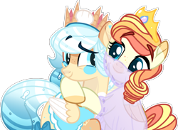 Size: 1965x1441 | Tagged: safe, artist:rickysocks, oc, oc only, pegasus, pony, the summer sun setback, base used, bipedal, clothes, crown, duo, female, hug, jewelry, mare, regalia, see-through, simple background, transparent background