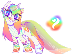 Size: 2764x2121 | Tagged: safe, artist:kb-gamerartist, oc, oc only, oc:prismatic pride, pony, unicorn, bracelet, clothes, cute, ear piercing, earring, female, fishnet clothing, freckles, gay pride, grin, high res, jewelry, mare, multicolored hair, nose piercing, nose ring, piercing, pride, pride month, rainbow hair, see-through, shoes, simple background, skirt, smiling, sneakers, socks, solo, sunglasses, transparent background, wristband