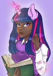 Size: 1430x2048 | Tagged: safe, artist:puffle_owo, twilight sparkle, human, g4, blushing, book, clothes, dark skin, ear fluff, female, glowing, glowing horn, horn, horned humanization, humanized, long sleeves, looking up, simple background, sweater vest