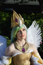 Size: 1000x1504 | Tagged: safe, artist:littlemissbloo, edit, faceapp, princess celestia, human, g4, bare shoulders, clothes, cosplay, costume, irl, irl human, photo, solo
