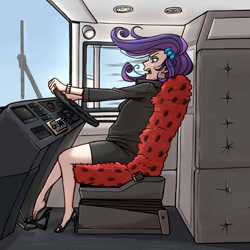 Size: 1500x1500 | Tagged: safe, artist:ilacavgbmjc, rarity, human, equestria girls, g4, britain, british, bus, clothes, crossover, driving, great britain, high heels, humanized, london, pedal, road rage, seat, shoes, solo, speedometer, spice girls, spice world, steering wheel, stiletto heels, united kingdom
