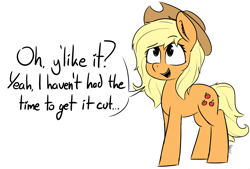 Size: 1998x1351 | Tagged: safe, artist:pinkberry, applejack, earth pony, pony, alternate hairstyle, colored sketch, cute, doodle, female, jackabetes, loose hair, mare, speech, talking, text