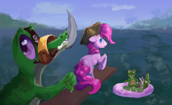 Size: 2000x1227 | Tagged: safe, artist:yarugreat, gummy, pinkie pie, alligator, earth pony, pony, g4, angry, betrayal, cutlass, eyepatch, female, hat, looking back, mare, mouth hold, ocean, pirate, pirate hat, pirate pinkie pie, sword, thumbs down, walking the plank, water, weapon