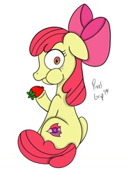 Size: 1184x1578 | Tagged: safe, artist:pixel_grip94, apple bloom, earth pony, pony, g4, aside glance, atg 2019, dishonorapple, eating, female, filly, foal, food, herbivore, looking at you, newbie artist training grounds, shock, simple background, solo, strawberry, this will end in angry countryisms, white background