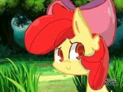 Size: 640x480 | Tagged: safe, artist:pikasathewaifu, apple bloom, earth pony, pony, g4, female, filly, foal, forest, looking at you, pokemon art academy, smiling, solo, tree