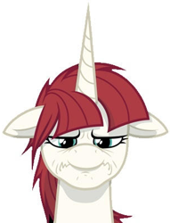 Size: 305x400 | Tagged: safe, oc, oc only, oc:fausticorn, alicorn, pony, bust, female, floppy ears, frown, horn, lauren faust, lauren faust is not amused, mare, simple background, unamused, white background