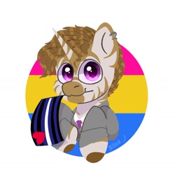 Size: 1640x1639 | Tagged: safe, artist:bluemoon, oc, hybrid, pony, unicorn, zony, bondage pride flag, business suit, chibi, clothes, ear piercing, hybrid oc, looking at you, mouth hold, necktie, pansexual pride flag, piercing, pride, pride flag, pride month, simple background, solo, white background, zony oc