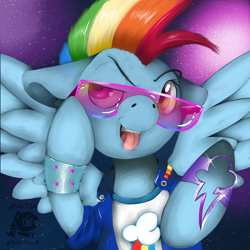 Size: 3000x3000 | Tagged: safe, artist:valemjj, rainbow dash, pegasus, pony, g4, clothes, floppy ears, high res, open mouth, punk, solo, sunglasses, tongue out, wristband