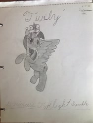 Size: 3024x4032 | Tagged: safe, artist:mlpfantealmintmoonrise, twilight sparkle, alicorn, pony, g4, 2020, crown, drawing, female, high res, jewelry, looking at you, mare, monochrome, pencil drawing, regalia, signature, smiling, smiling at you, solo, spread wings, traditional art, twilight sparkle (alicorn), wings