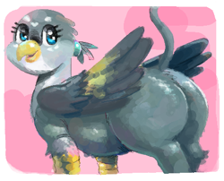 Size: 462x374 | Tagged: safe, artist:breakersunny, gabby, griffon, g4, butt, female, folded wings, gabbooty, heart, looking back, plot, plump, raised tail, rear view, smiling, solo, tail, wings