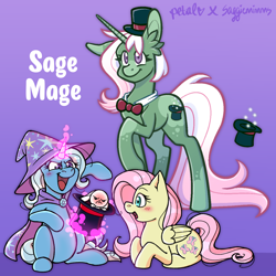 Size: 2048x2048 | Tagged: safe, artist:saggiemimms, angel bunny, fluttershy, trixie, oc, oc:sage mage, pegasus, pony, rabbit, unicorn, g4, angel bunny is not amused, animal, female, high res, lesbian, offspring, parent:fluttershy, parent:trixie, parents:trixieshy, shipping, smiling, trixieshy, unamused