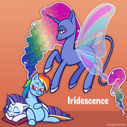 Size: 2048x2048 | Tagged: safe, artist:saggiemimms, rainbow dash, rarity, pegasus, pony, unicorn, g4, female, glimmer wings, high res, hoof on belly, lesbian, magical lesbian spawn, offspring, parent:rainbow dash, parent:rarity, parents:raridash, ship:raridash, shipping, wings