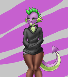 Size: 1500x1700 | Tagged: safe, artist:zachc, spike, dragon, anthro, g4, clothes, crossdressing, femboy, femboy spike, hoodie, male, solo, stockings, thigh highs