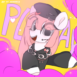 Size: 1280x1280 | Tagged: safe, artist:memengla, oc, earth pony, pony, clothes, eye clipping through hair, hat, hoodie, solo