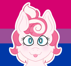 Size: 1280x1195 | Tagged: safe, artist:cherrycandi, oc, oc only, oc:candy care, pegasus, pony, bisexual pride flag, blushing, bust, cheek fluff, cute, deviantart watermark, female, front view, icon, obtrusive watermark, ponytail, portrait, pride, pride flag, solo, tongue out, watermark, wingless