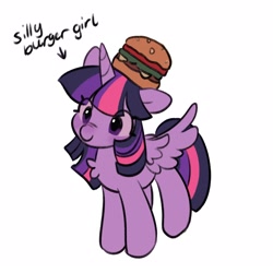 Size: 1600x1600 | Tagged: safe, artist:horseyuris, twilight sparkle, alicorn, pony, g4, burger, chest fluff, cute, female, food, mare, simple background, smiling, solo, spread wings, twiabetes, twilight burgkle, twilight sparkle (alicorn), white background, wings