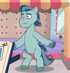 Size: 246x254 | Tagged: safe, screencap, rufus, earth pony, pony, foal me once, g5, my little pony: tell your tale, spoiler:g5, spoiler:my little pony: tell your tale, spoiler:tyts01e08, animated, bipedal, male, panicking, solo, stallion