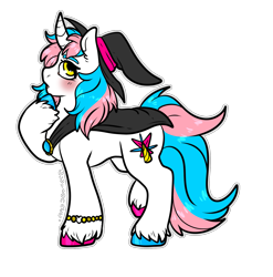 Size: 1623x1646 | Tagged: safe, artist:sexygoatgod, oc, oc only, pony, unicorn, adoptable, bracelet, cape, clothes, hat, jewelry, magician outfit, pride, simple background, solo, transparent background, unshorn fetlocks, witch hat