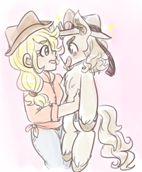Size: 1171x1419 | Tagged: safe, artist:mimiporcellini, applejack, earth pony, human, pony, g4, chest fluff, colored sketch, crossover, crossover shipping, female, fluffy, hol horse, holding a pony, holjack, humanized, interspecies, jojo's bizarre adventure, male, ponified, role reversal, shipping, species swap, stallion, straight, unshorn fetlocks