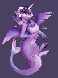 Size: 1080x1440 | Tagged: safe, artist:anoraknr, twilight sparkle, draconequus, g4, claws, draconequified, fangs, fish tail, horns, purple background, signature, simple background, solo, sparkles, species swap, spread wings, tail, twikonequus, wing claws, wings