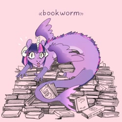 Size: 1080x1080 | Tagged: safe, artist:anoraknr, twilight sparkle, draconequus, g4, book, book nest, bookhorse, bookworm, bookwyrm, draconequified, emanata, forked tongue, looking at you, pile of books, pink background, pun, simple background, solo, species swap, that pony sure does love books, tongue out, twikonequus, visual pun