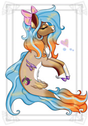 Size: 1280x1840 | Tagged: safe, artist:daynaskully, oc, oc only, hybrid, merpony, seapony (g4), dorsal fin, eyes closed, female, fins, fish tail, flowing tail, heart, mare, mermay, ribbon, simple background, smiling, solo, tail, unshorn fetlocks, white background