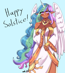 Size: 2400x2700 | Tagged: safe, artist:mylittleyuri, princess celestia, human, g4, blue background, breasts, clothes, dark skin, dress, elf ears, high res, horn, horned humanization, humanized, looking at you, moderate dark skin, simple background, smiling, smiling at you, solo, solstice, summer solstice, winged humanization, wings