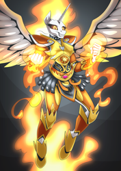 Size: 2171x3070 | Tagged: source needed, safe, artist:mysticalpha, daybreaker, alicorn, anthro, g4, armor, armor skirt, female, grin, high res, mane of fire, skirt, smiling, solo, spread wings, wings