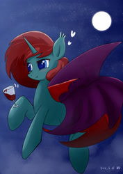 Size: 2480x3508 | Tagged: safe, artist:red river, oc, oc only, alcohol, colored pupils, fangs, flying, glass, heart, high res, looking left, looking to the left, moon, night, solo, stars, wine, wine glass