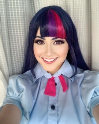 Size: 1080x1350 | Tagged: safe, artist:sarahndipity cosplay, edit, faceapp, twilight sparkle, human, equestria girls, g4, clothes, cosplay, costume, irl, irl human, photo, solo