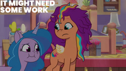 Size: 1280x720 | Tagged: safe, edit, edited screencap, editor:quoterific, screencap, izzy moonbow, sunny starscout, pegasus, pony, unicorn, alicorn issues, g5, my little pony: tell your tale, spoiler:g5, spoiler:my little pony: tell your tale, spoiler:tyts01e14, bed mane, duo, female, mane stripe sunny, mare, pegasus sunny starscout, race swap, smiling, text